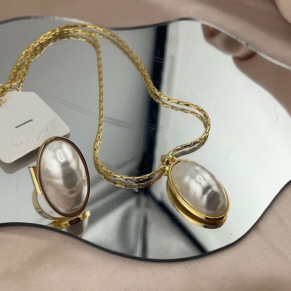 Gold-Tone Pearl Necklace and Ring Set - Picture 7 of 9